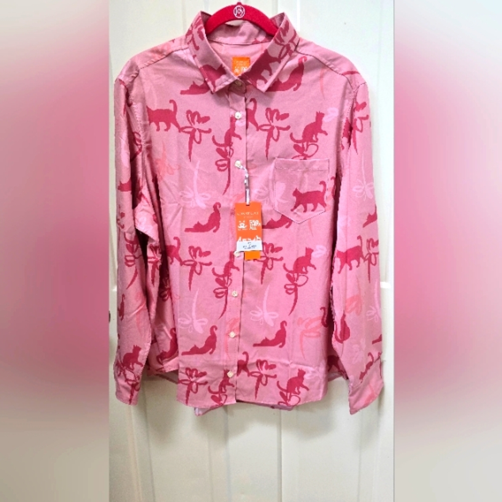 Con.Struct Pink Women Button Down Shirt Pet/cat Design Sz XL-NWT